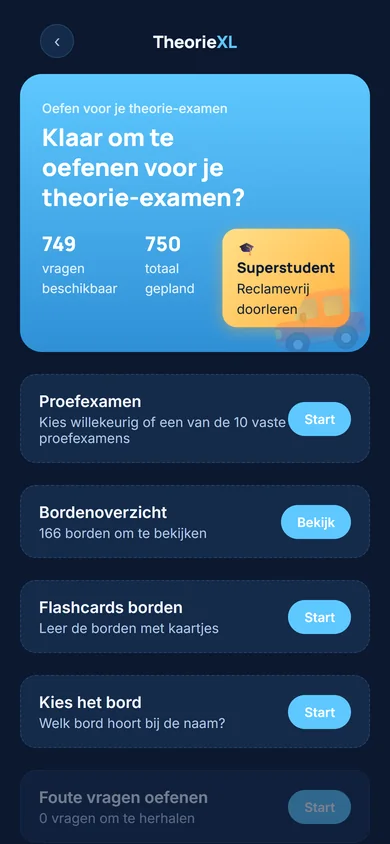 Startscherm met proefexamen, borden, flashcards en categorieën