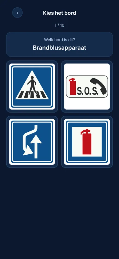 Quiz waarin je het juiste verkeersbord kiest uit vier